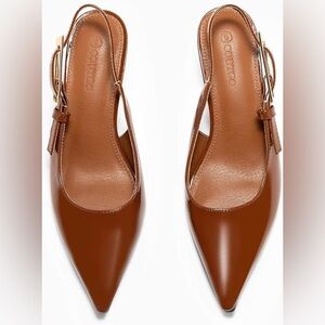 Slingback Kitten Brown Leather Heels